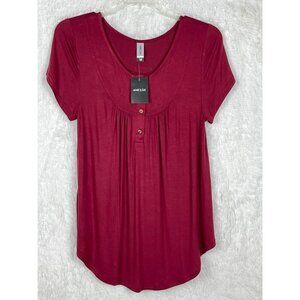 NWT Amclos Medium Short Sleeve Maroon Top Flowy Buttons Stretchy